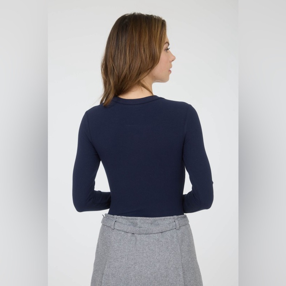 The Workshop Round Neck Long Sleeve Sweater Knit Bodysuit In Navy - Picture 2 of 6